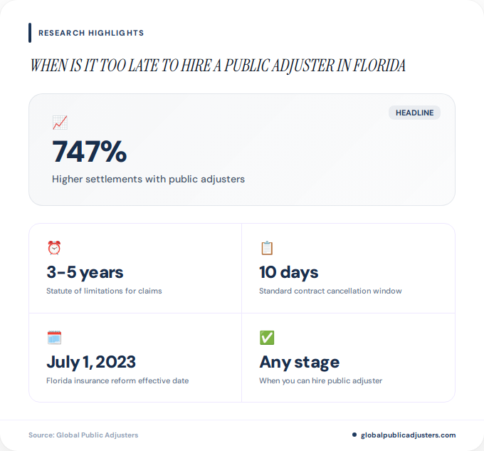 Key facts about when is it too late to hire a public adjuster in Florida